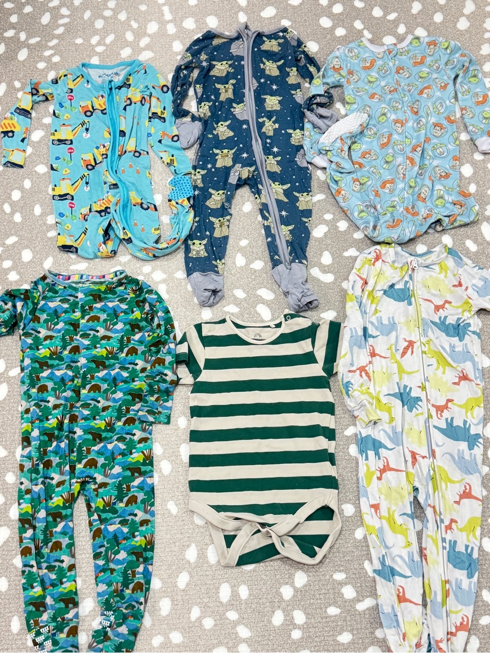Lot of 6 bamboo footies magnetic me toy story onesie baby toddler boy zippy
